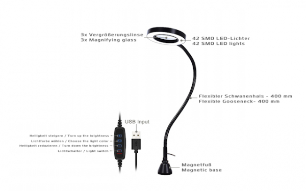 Lupenleuchte 3D mit Magnetfuß - USB